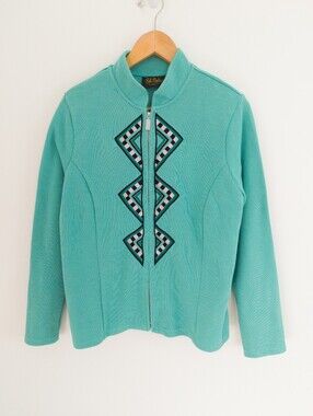 Bob Mackie Wearable Art Teal Geometric Embroidered Zip Jacket Women L Artsy Boho